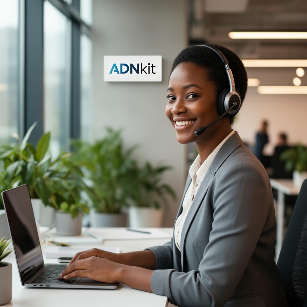 Téléopératrice ADNkit souriante avec casque, dans un espace de coworking moderne